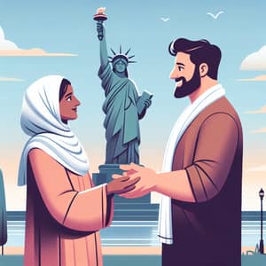 Multicultural Couple in Peaceful Conversation near Statue of Liberty