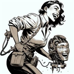 Joyful South Asian Distiller Woman with Dismantled Robot Head - Comic Style