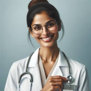 Smiling South Asian Woman Doctor on Blue Background