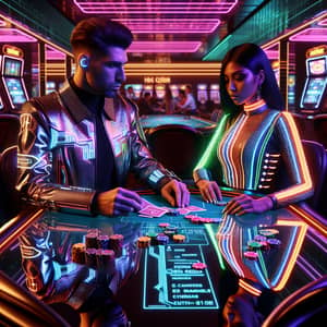 Cyberpunk Casino Scene with Man and Woman Playing Card Game