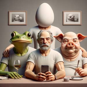 Unique 3D Image of Frog-Faced, Egg-Faced, and Aged Pig Characters