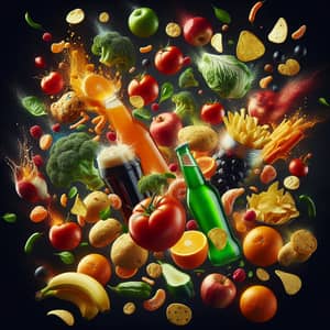 Colorful Food Products Cascading on Elegant Black Background