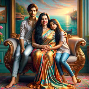 Family Portrait: Indian Mother, Son, and Daughter in Vibrant Room