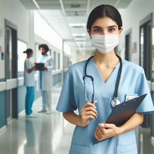 Professional Middle-Eastern Nurse in Light Blue Scrubs