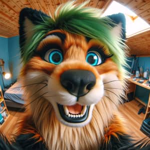 Hyper-Realistic Female Furry Fox Portrait: Blue Eyes & Green Hair