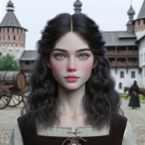 14-Year-Old Girl in Ancient Russian Setting - Black Hair, Blue Eyes