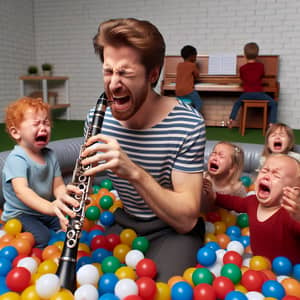 Red-Haired Clarinet Player in Crying Kids Ball Pit