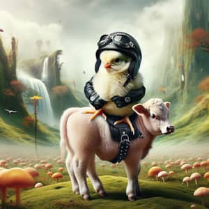 Adorable Chick in Biker Jacket Riding Cow | Fantasy Landscape