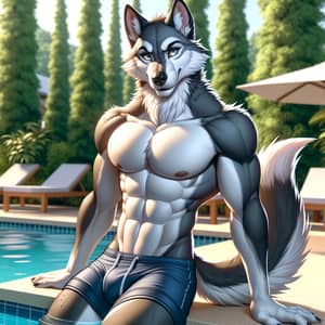 Male Wolf Demi-Human Relaxing by Pool | Ethereal Vibe