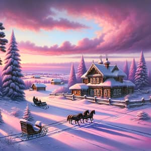 Picturesque Russian Winter Landscape with Wooden Dacha and Troika