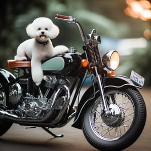 Black and White Bichon Frise Riding on Classic Motorcycle