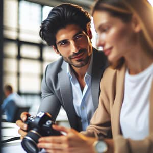 Professional Teamwork: Handsome Man Assists Woman in Candid Moment