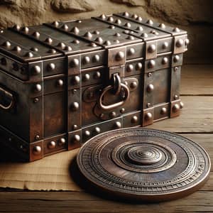 Antique Iron Chest & Patterned Disk - Rustic Decor