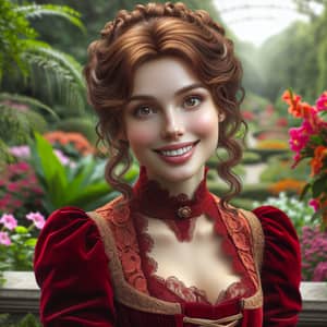 Beautiful Victorian Woman in Red Velvet Dress | Joyful Portrait