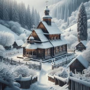 Winter Village Scene: Old Ukrainian Church in Snowy Landscape