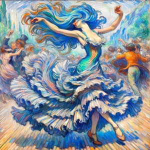 Vibrant Blue Hair Woman Dancing - Impressionist Scene