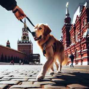 Red Square Dog Walking Scene - Serene Architecture View