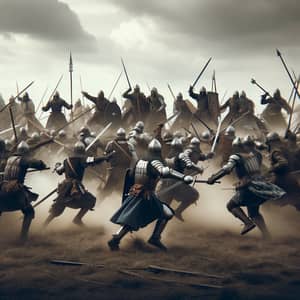 Epic Battle Scene: Soldiers Clash on Field