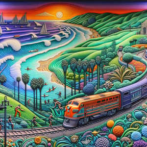 Scenic Train Ride Through Vibrant Beach Landscape