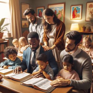 Diverse Adult & Children's Bible Class in Inviting Sunday School Scene