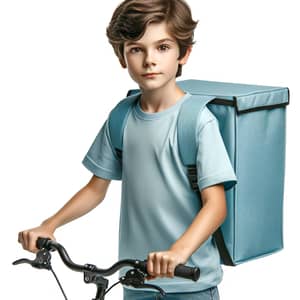 Caucasian Boy Riding Bicycle with Delivery Bag