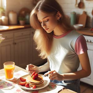 16-Year-Old Caucasian Girl Enjoying Breakfast in Sunlit Kitchen