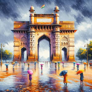 Majestic India Gate: Amidst Rain and Colorful Umbrellas