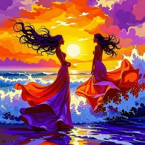 Dynamic Beach Scene at Sunset | Captivating Art