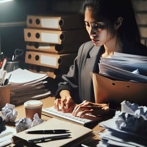 Busy South Asian Female Office Worker Surrounded by Clutter