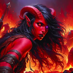 Fierce Female Tiefling Barbarian in Intense Battle Scene