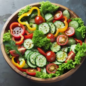 Freshly Sliced Vegetable Salad in Wooden Bowl with Dressing