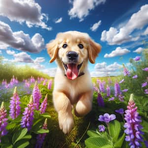 Playful Golden Retriever Puppy in Green Field