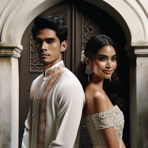 South Asian and Hispanic Wedding Couple at Arched Doorway