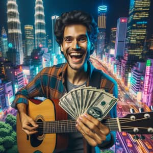 Joyous Hispanic Guitarist with Money in Vibrant City Night