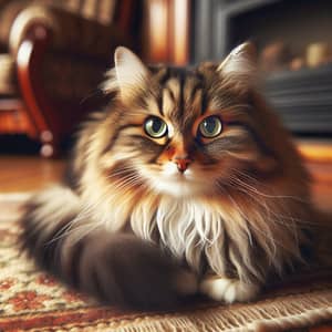 Solitary Domestic Cat with Fluffy Fur in Brown, Black, and White