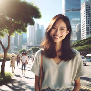 Smiling Asian Woman in City Park | Positivity and Happiness