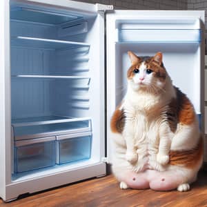 Distressed Overweight Cat by Empty Refrigerator | Emotional Scene