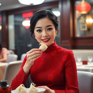 Elegant Chinese Woman in Red Qipao Enjoys Dumplings