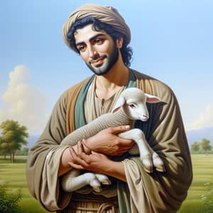 Serene Man Holding Fluffy Lamb in Tranquil Outdoor Landscape