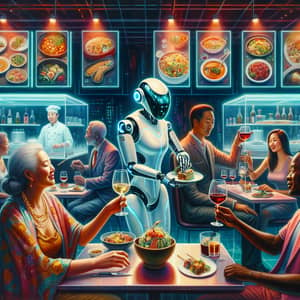 Futuristic Restaurant with AI-Powered Robots Serving Diverse Customers