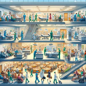 Busy Multi-Floored Hospital - Emergency Room, Operating Room, Hallway, Registration, Cafeteria