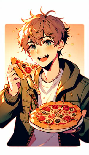 Anime Boy White Eating Pizza - Joyful Eating Scene