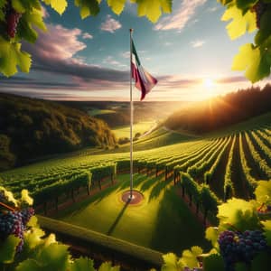 Serene Vineyard Landscape with Flagpole | Sunset Glow View