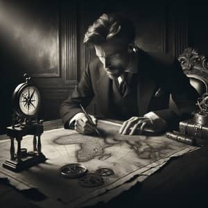 Vintage Scholar Studying Ancient Map in Dramatic Setting