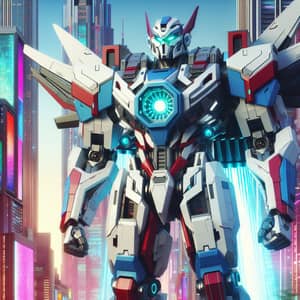 Futuristic Robot in Vibrant Cityscape | White, Blue & Red