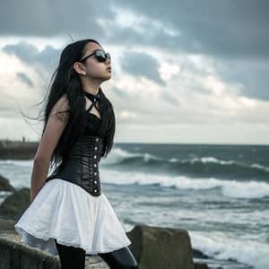 Stylish Girl in Black Corset and White Skirt