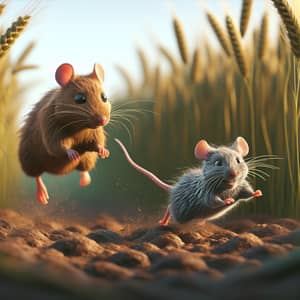 Brown Rat Chasing Grey Rat in Outdoor Scene