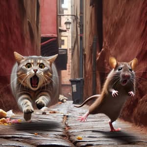 Dramatic Rat Chasing Gray Cat Scene