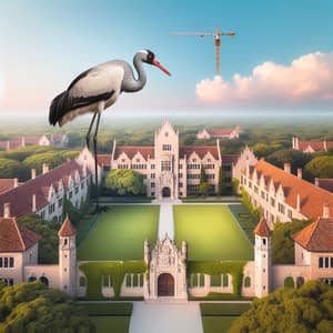 Spanish Architecture at La Sabana University with Graceful Cranes