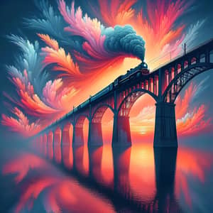 Stunning Sunset Bridge Scene with Passing Train | As Seen from a Vibrant Perspective